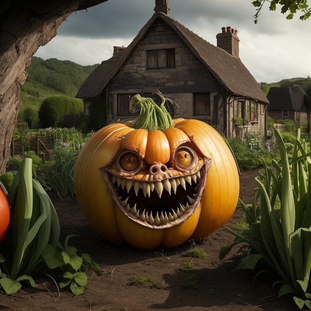 Spooky pumping and haunted house background Halloween cinematic concept 3d rendering