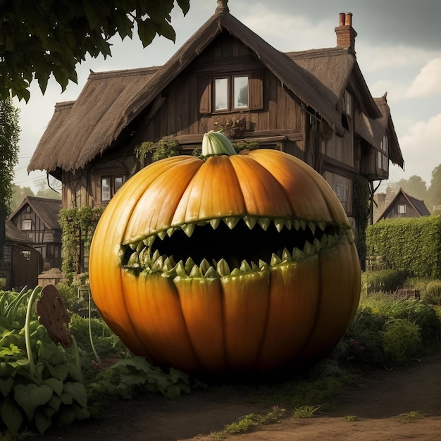 Spooky pumping and haunted house background Halloween cinematic concept 3d rendering