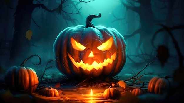 Spooky pumpkin lantern glows in the dark autumn night Generative AI