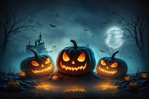 Spooky pumpkins on a halloween background at night