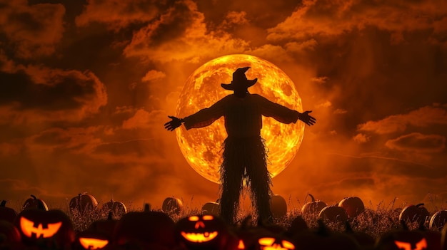 Spooky Scarecrow Under Blood Moon for Halloween A silhouette of a scarecrow stands with outst