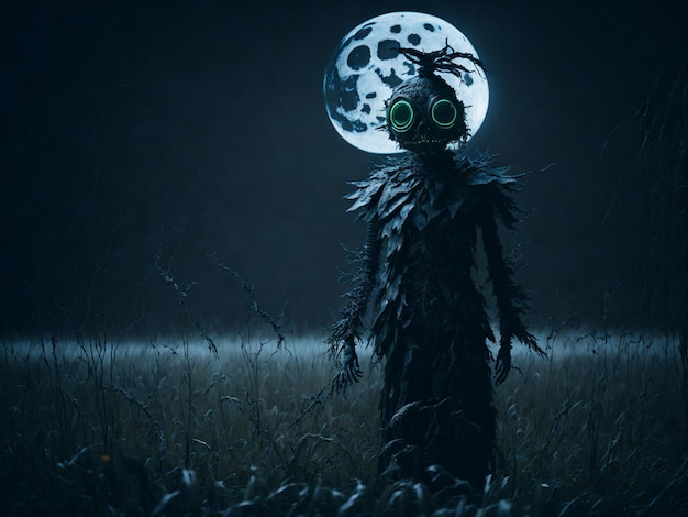 Spooky scarecrow in a field under moonlight