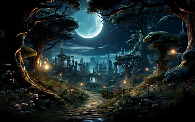 a spooky scene of a dark forest with a full moon in the background.