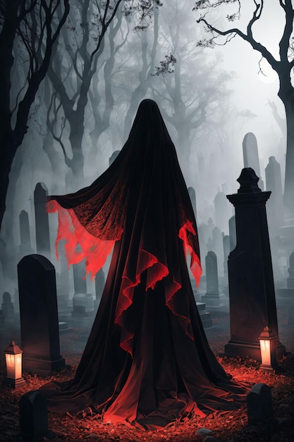 A spooky scene of a graveyard with a spooky silhouette of a man in a dark forest