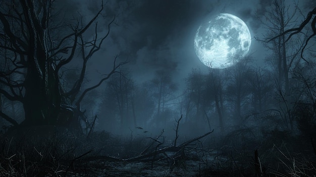 a spooky scene of a spooky forest with a full moon in the background