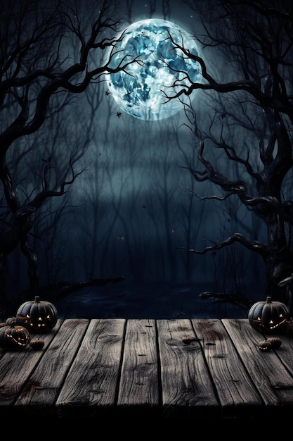 Photo a spooky scene of a spooky forest with pumpkins on the wooden floor