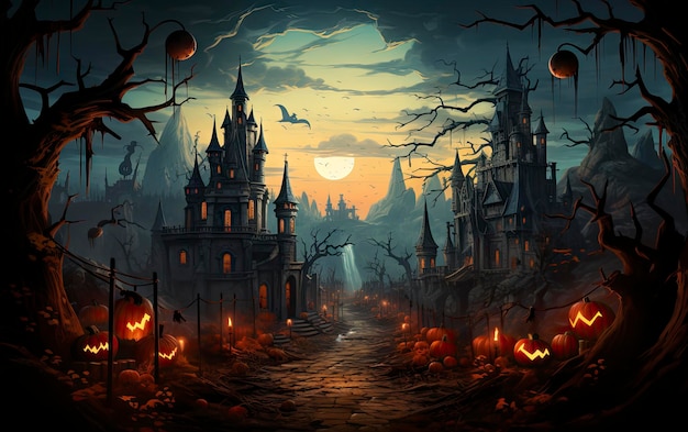 a spooky scene with a castle and a moon in the background.