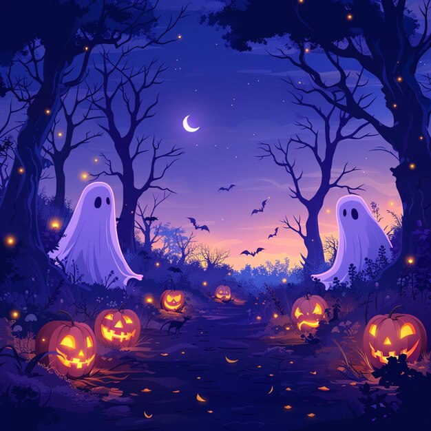 a spooky scene with ghosts in the woods