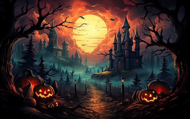 a spooky scene with pumpkins and castle in the background.