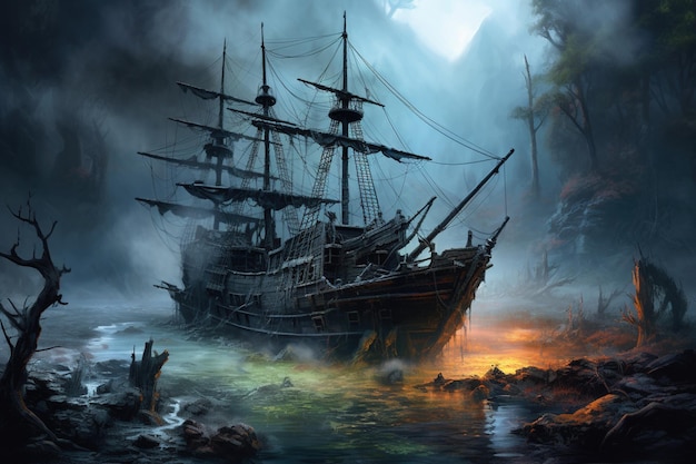 spooky ship on dark background