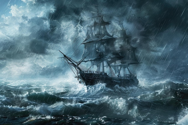 Spooky ship sailing in rough waters