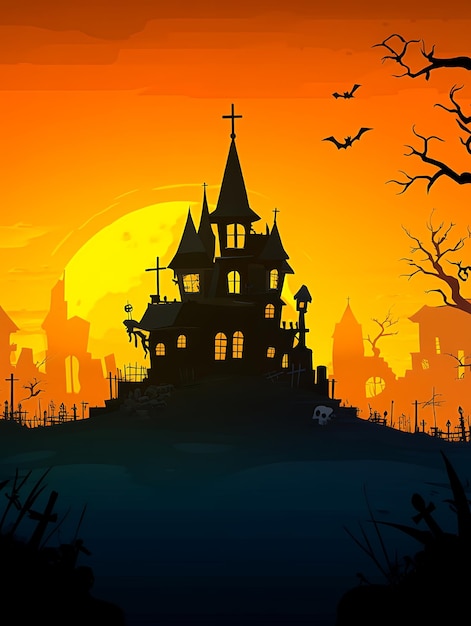 Photo a spooky silhouetted haunted house against an orange sunset