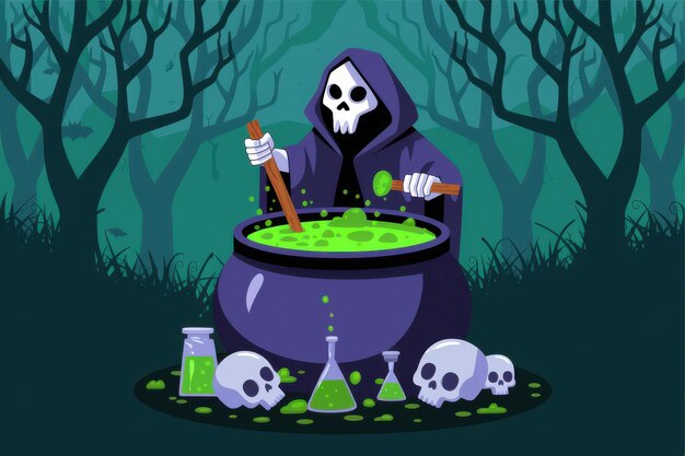 Spooky Skeleton Witch Brewing Green Potion Dark Forest Halloweenthemed illustration festive