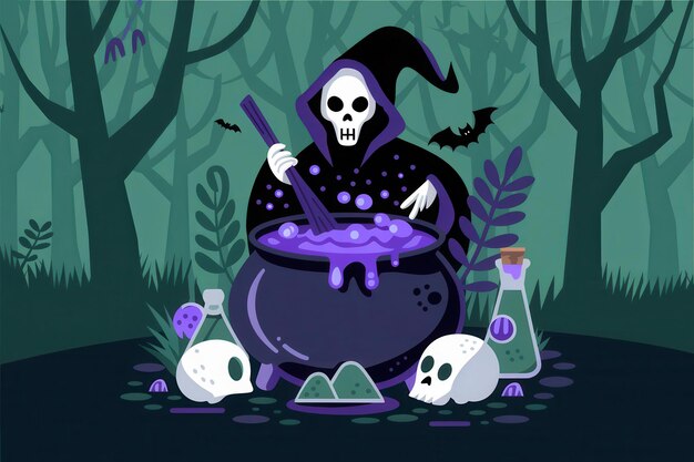 Spooky Skeleton Witch Stirring Cauldron Dark Forest Halloween Illustration Party Supplies Decor