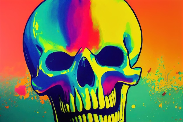 Spooky skull colored with paint over vibrant background dead human person head bone with crazy mad e