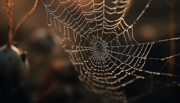 Spooky spider web captures dew drop beauty generated by AI