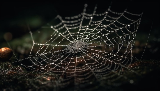 Spooky spider web captures dew drops outdoors generated by AI