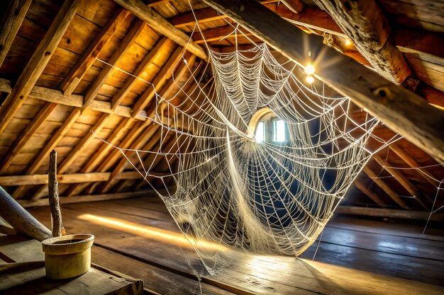 Photo spooky spider web in a haunted attic