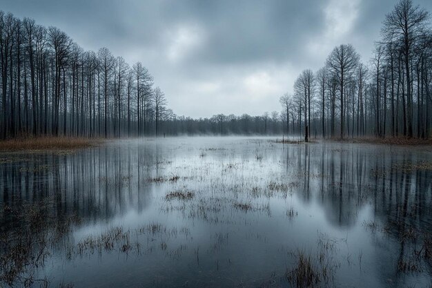 Spooky Swamp with Dense Fog photo