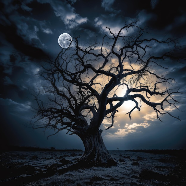 spooky tree against a big moon