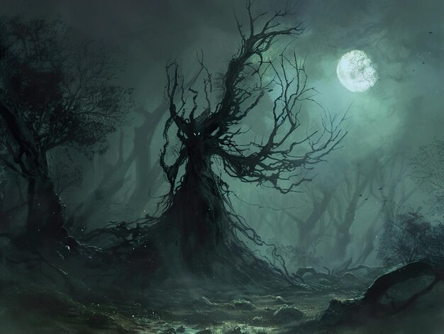 a spooky tree with a full moon in the background