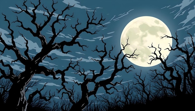 a spooky tree with a full moon in the background