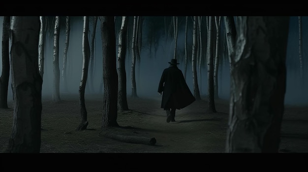 Spooky unknown one person man walking in dark forest