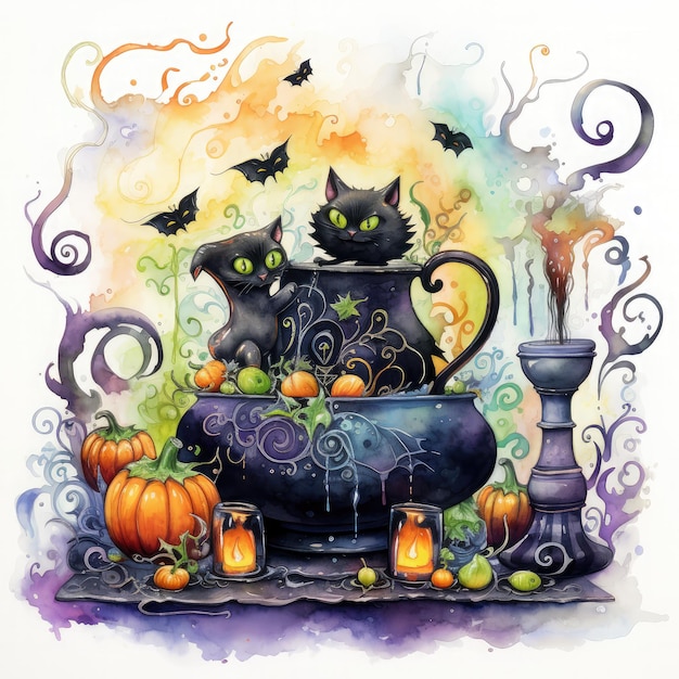 Spooky whimsical Halloween watercolor bubbling potions black cats and colorful magic Watercolor