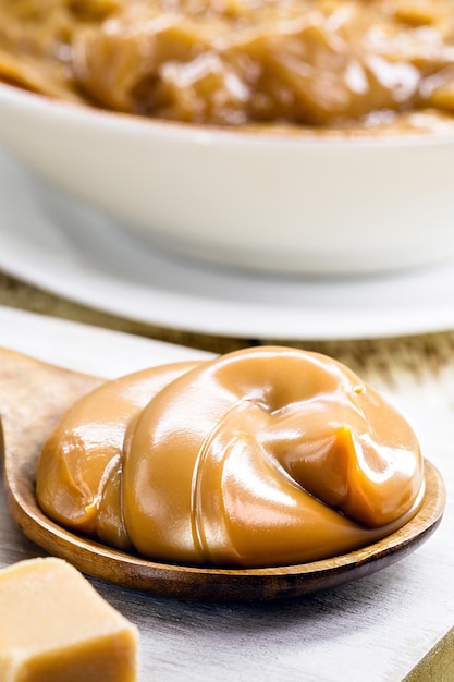 spoon of dulce de leche or homemade vegan pasty milk candy caramel made with unsweetened coconut milk