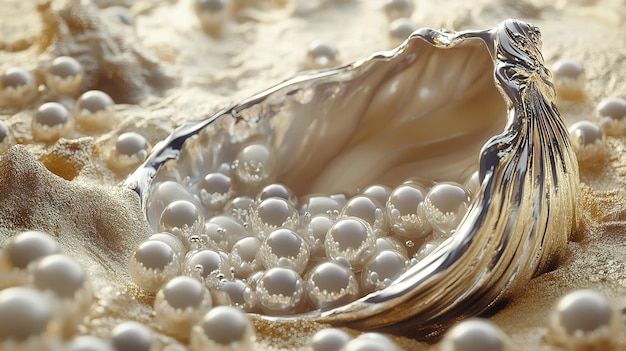 a spoon full of pearl shells sits in the sand