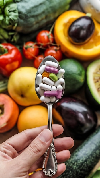 Photo spoon full of supplements on the background of vegetables fruits