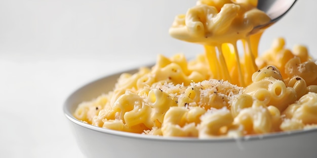 Photo a spoon is used to remove hot mac and cheese from a white bowl that has been spotlessly clean in a studio and space for textual or background use generative ai