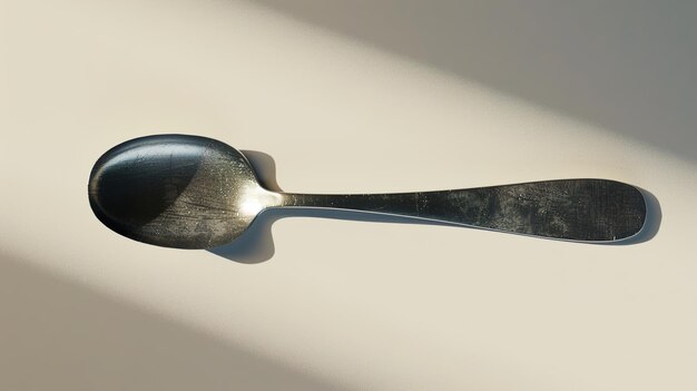 Photo a spoon with a black handle is seen in the reflection