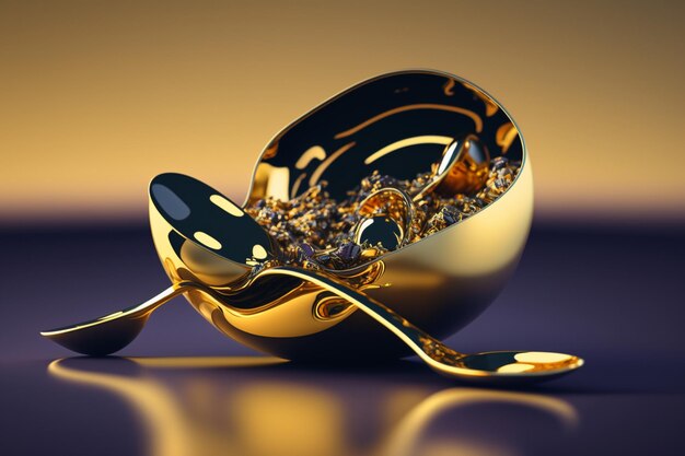 A spoon with a gold handle sits on a purple background.