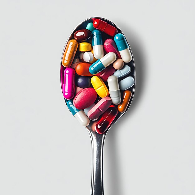 Photo a spoon with many different colored pills on it