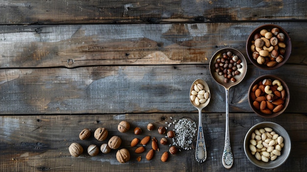 Photo a spoon with nuts and a spoon on it next to a spoon of nuts