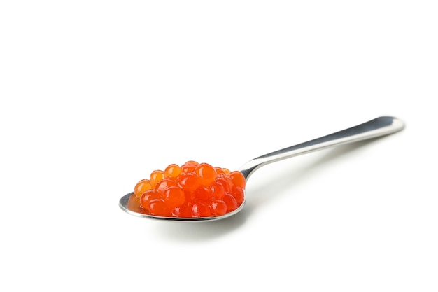 Spoon with red caviar isolated on white background