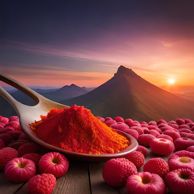 A spoon with red turmeric powder on it and a bunch of red berries on the table.