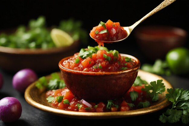 a spoonful of salsa The salsa is made of diced tomatoes red onions and cilantro