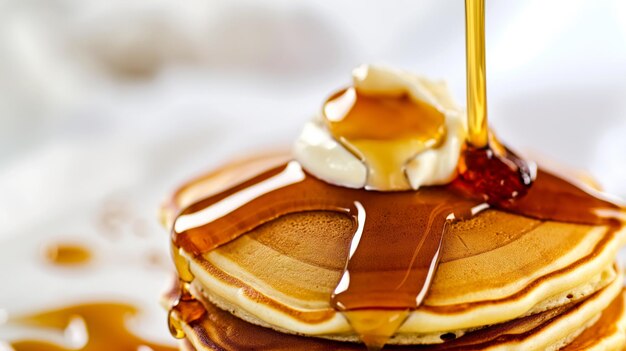 Photo spoonful of syrup being drizzled over a stack of pancakes