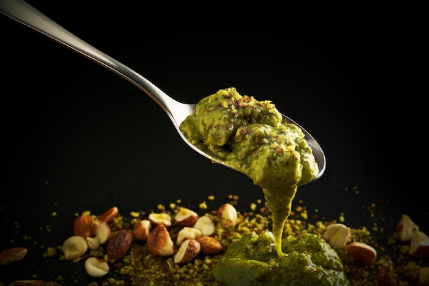 A spoonful of thick pistachio paste sprinkled with chopped pistachio pieces hangs above a dark background surrounded by a variety of nuts Pistachio flavor concept