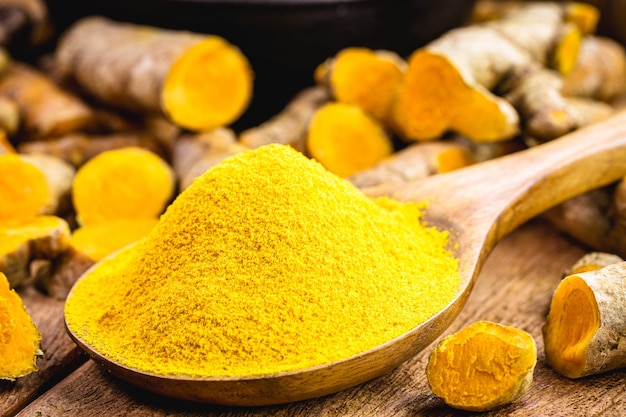 Spoonful of turmeric powder, culinary seasoning, also known as turmeric