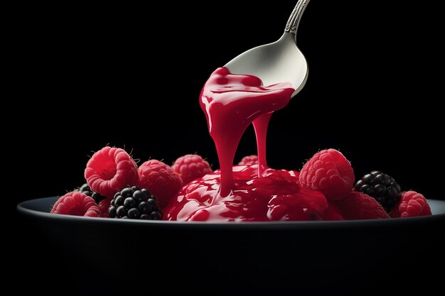 Photo a spoonful of yogurt with a drizzle of raspberry sauce