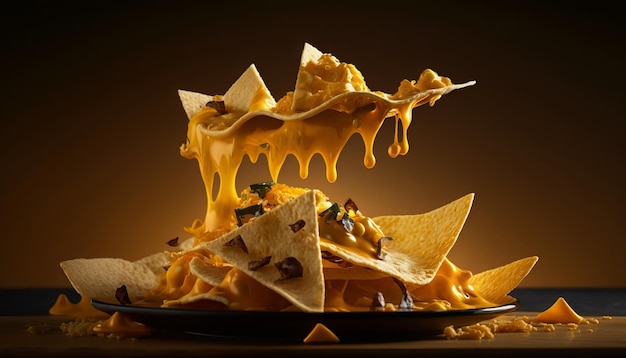 Spooning melted cheese over crispy nachos. AI generative.