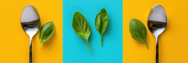 Photo spoons and basil leaves on yellow and blue background