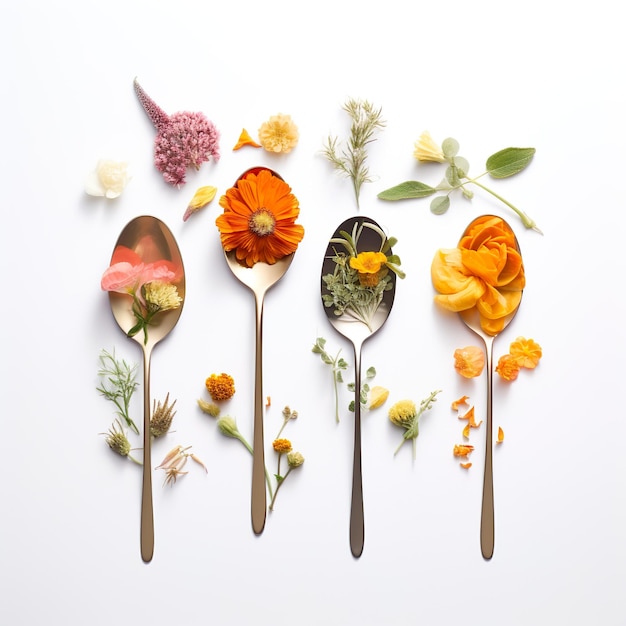 Spoons and useful plants on a white background Health diet care