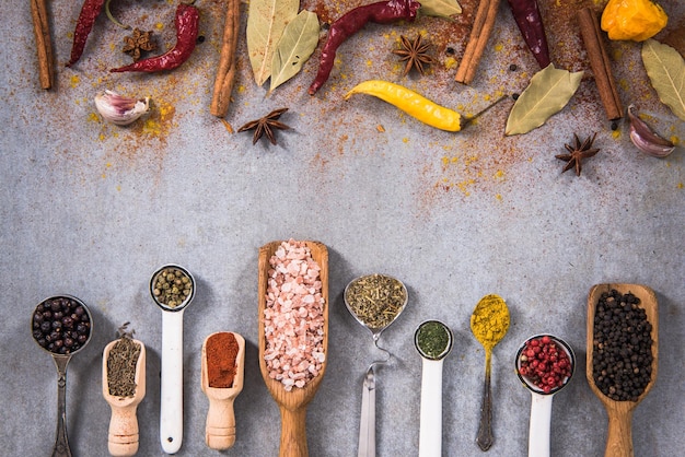 Spoons with herbs and spices on concrete slate