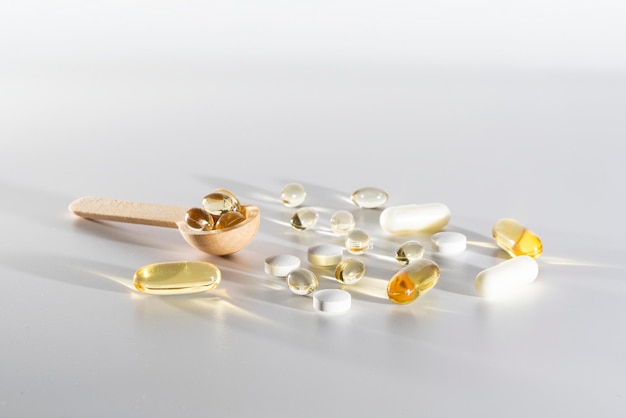 Spoons with vitamins, Vitamin D, omega 3, omega 6, Food supplement oil filled fish oil, vitamin A, v