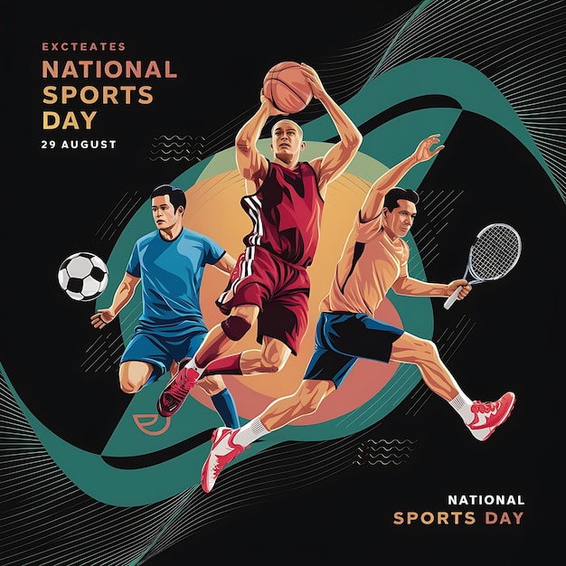 Sport background for National Sports Day celebration with abstract geometric ornament and illustrations of sports athletes