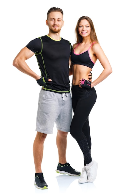 Sport couple man and woman after fitness exercise on the white background